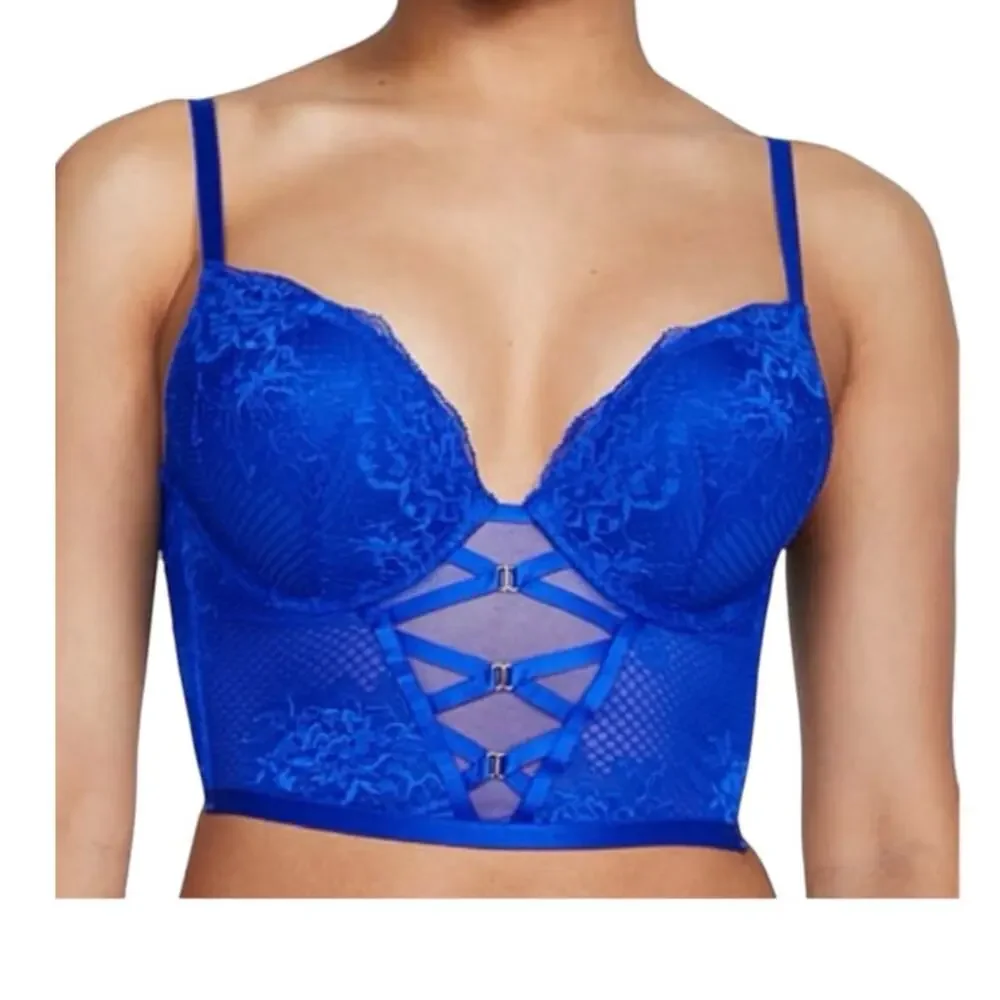 Victoria’s Secret Bombshell 32D plunge fishnet push up corset top BC3 3225